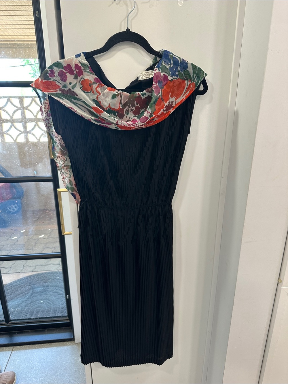 Ann Colby Vintage Classic Black Sleeveless Dress with Floral Scarf